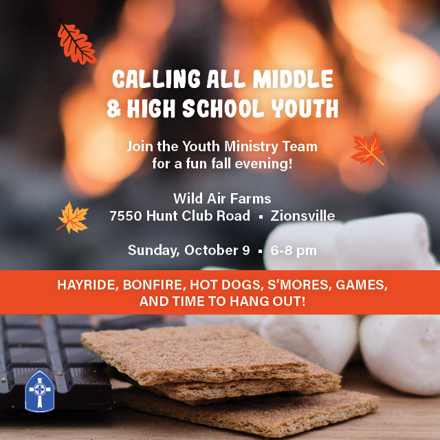 Evening at Wild Air Farms for Middle and High School Students
Sunday, October 9, 6-8 PM

Hayride, bonfire, hot dogs, s'mores, games, and time to hang out!

Wild Air Farms
7550 Hunt Club Road
Zionsville, Indiana
